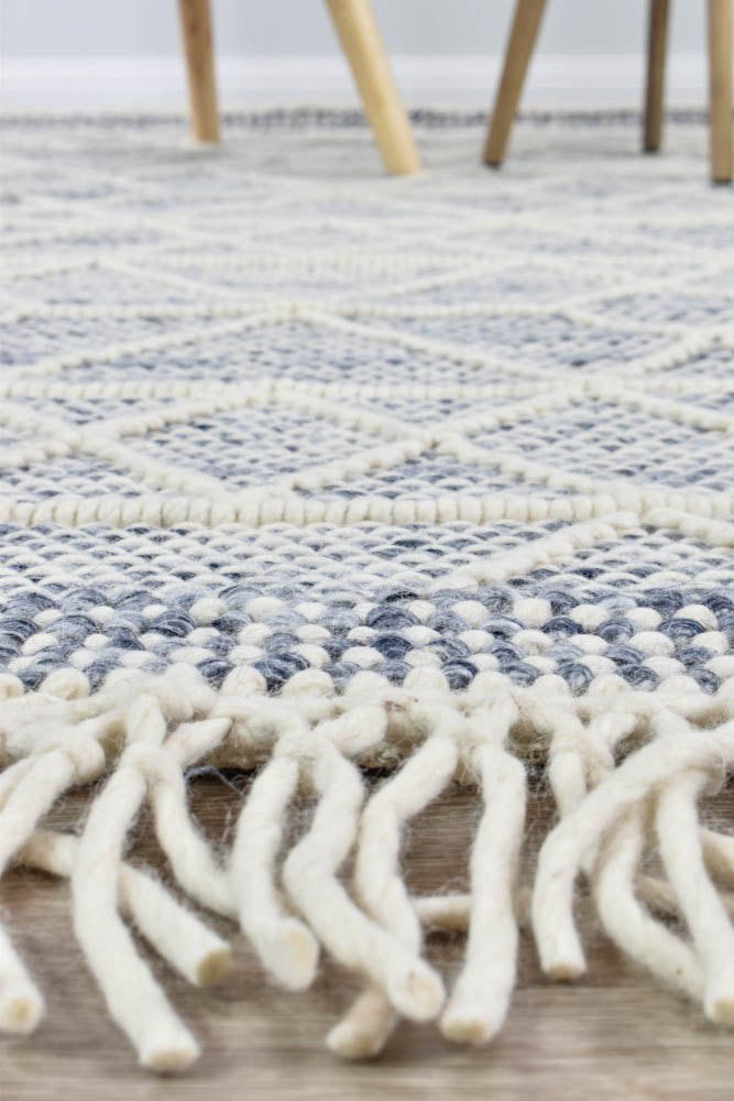 Albona Fringe Blue White Wool Rug