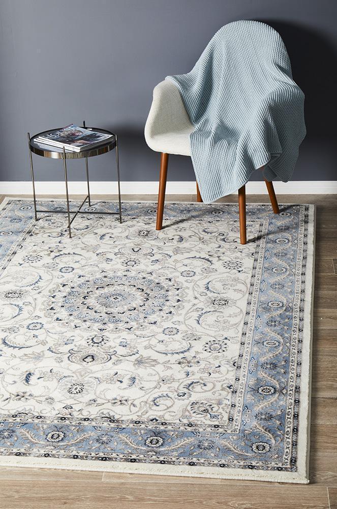 Sydney Collection Medallion Rug White with Blue Border